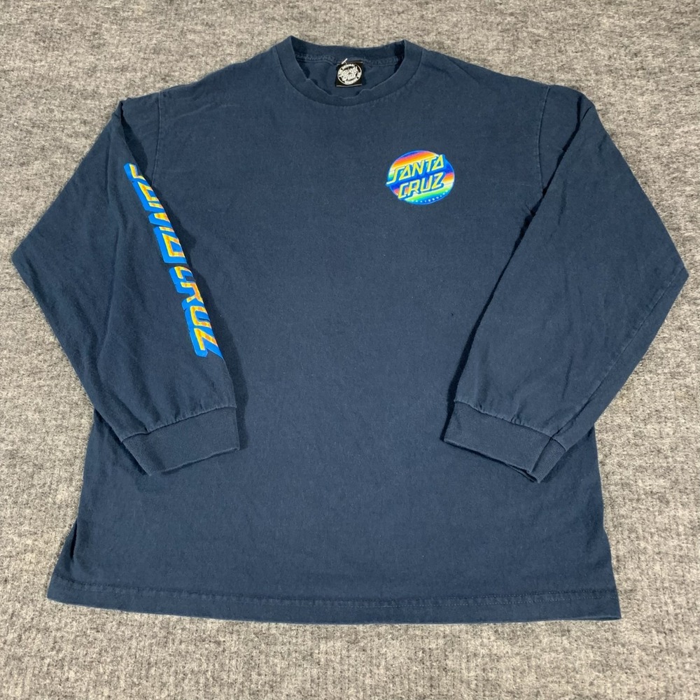 Santa Cruz T Shirt Mens Medium Blue Long Sleeve Skate Surf Sleeve Hit Faded Y2K